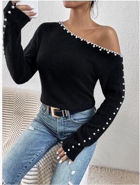 Cupshe Women’s Black Knit Pullover Sweater One-Shoulder Long Sleeve Pearl Trim S